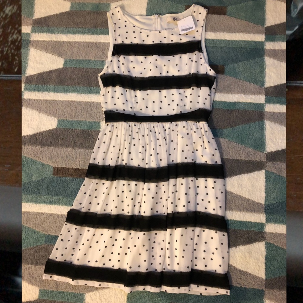 White and black polka dot and striped dress